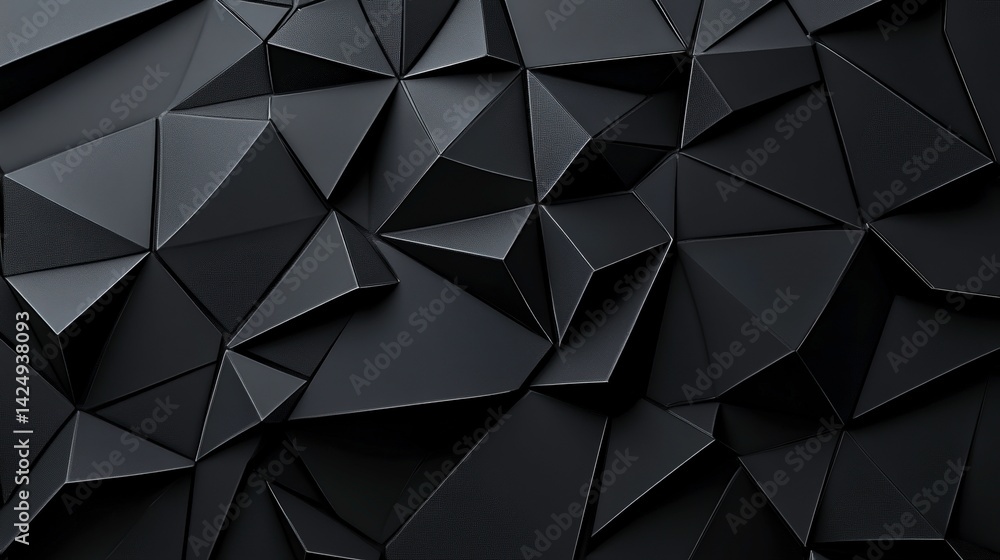 Fototapeta premium Abstract background of dark gray geometric shapes, creating a textured and dimensional surface. The image features a low key lighting style and a monochromatic color palette
