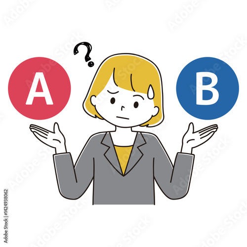 ２つを比較するスーツ姿の女性のイラスト　AB　困り顔