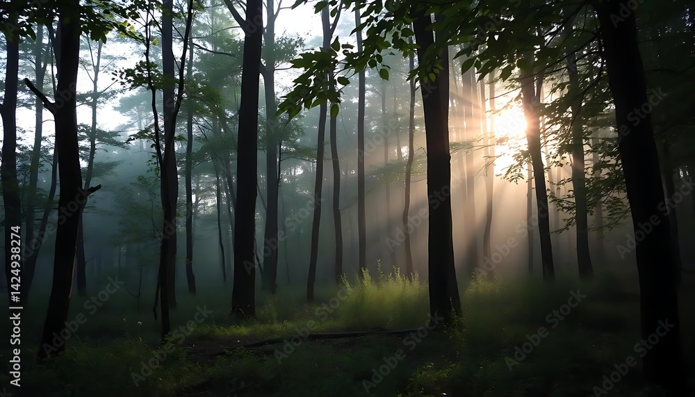 Obraz premium Ethereal Sunrise Illuminating a Mystical Forest Landscape with Fog and Beams