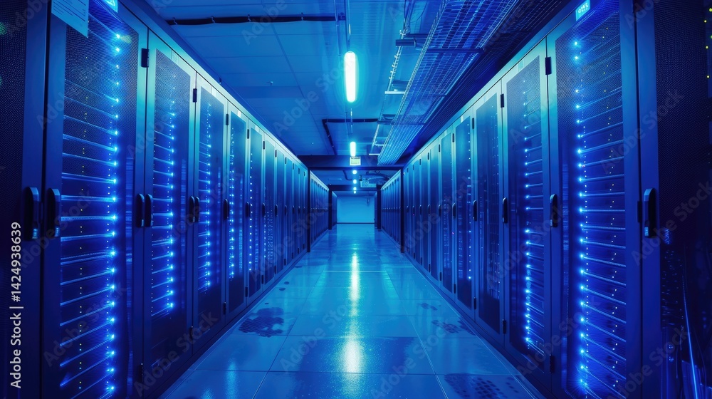 Fototapeta premium A dramatic view of a modern data center featuring blue lighting, showcasing server racks aligned in a high-tech infrastructure ideal for industry efficiency and innovation.