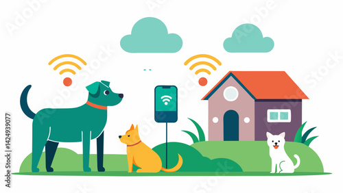 An outdoor pet monitoring system with a builtin twoway audio feature allowing owners to talk to their pet and listen to their surroundings.. Vector illustration