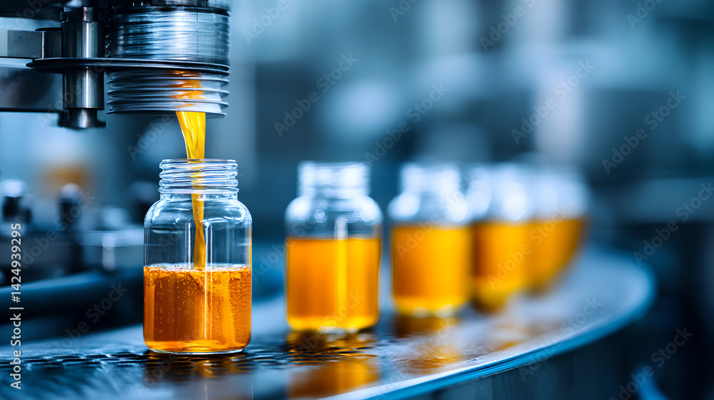 A bottling machine fills clear glass vials with a golden liquid on a conveyor belt in a clean, industrial setting A bottling machine fills clear glass vials with a golden liquid on a conveyor belt in a clean, industrial setting
