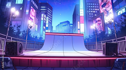 Vibrant futuristic city street scene at night featu illuminated skyscrapers bright neon signs and a modern empty outdoor stage with colorful lights and urban atmosphere