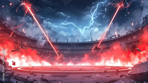 Epic futuristic battle scene with intense laser beams and explosive energy amidst a dramatic stormy sky in a high-tech arena