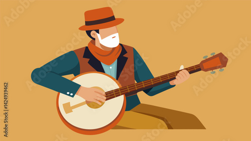 A banjo player strumming on a banjo crafted from an old frying pan and reclaimed wood.. Vector illustration