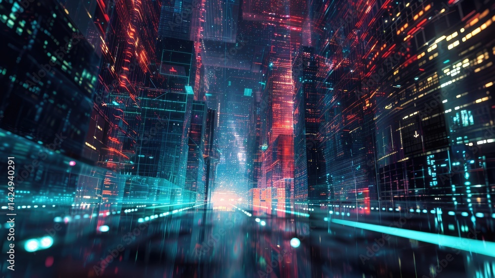 Explore a vibrant futuristic cityscape showcasing dynamic digital data visualizations. Bright neon lights and an innovative design create a captivating sci-fi atmosphere. Explore a vibrant futuristic cityscape showcasing dynamic digital data visualizations. Bright neon lights and an innovative design create a captivating sci-fi atmosphere.