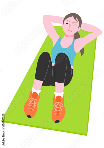 マットの上で腹筋を鍛える運動を頑張る若い女性のベクターイラストレーション