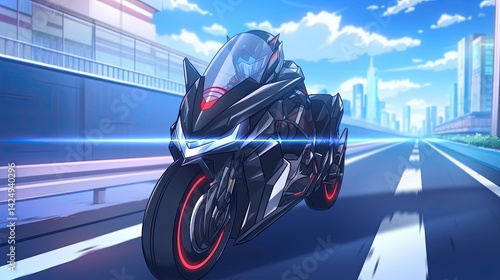 Futuristic black motorcycle racing on a modern city street with vibrant blue skies and tall skyscrapers in the background, high-speed urban transportation concept