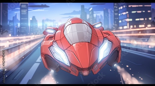 Futuristic red sports car racing through a vibrant city street at night with bright lights and sleek design for transportation innovation and speed