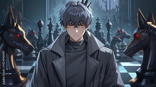 Fantasy anime style illustration of young male character with silver hair and red eyes in dark coat surrounded by black and gold chess and mythical wolf statues in a mysterious moonlit forest scene
