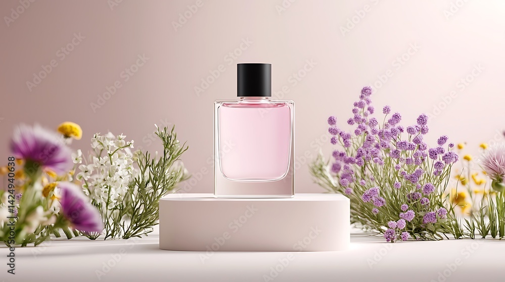 Pink Perfume Bottle Mockup with Flowers on Light Background Pink Perfume Bottle Mockup with Flowers on Light Background