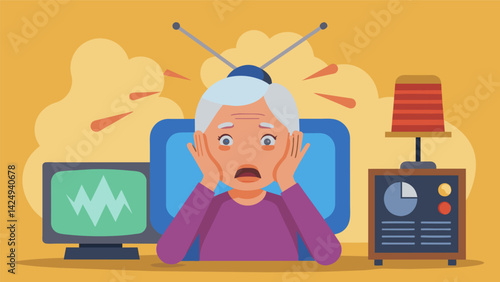 An elderly woman covers her ears as the Sensationalist News Hotline blares from the TV bombarding her with exaggerated stories about natural disasters.