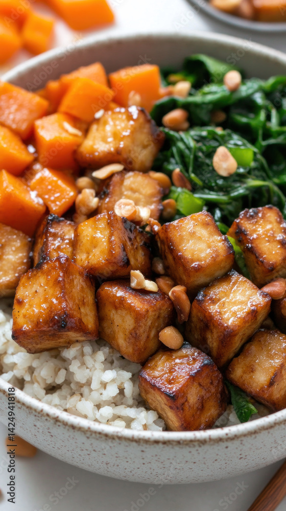 A bowl of food with tofu, spinach, and rice. The tofu is brown and the spinach is green. There are also nuts in the bowl A bowl of food with tofu, spinach, and rice. The tofu is brown and the spinach is green. There are also nuts in the bowl