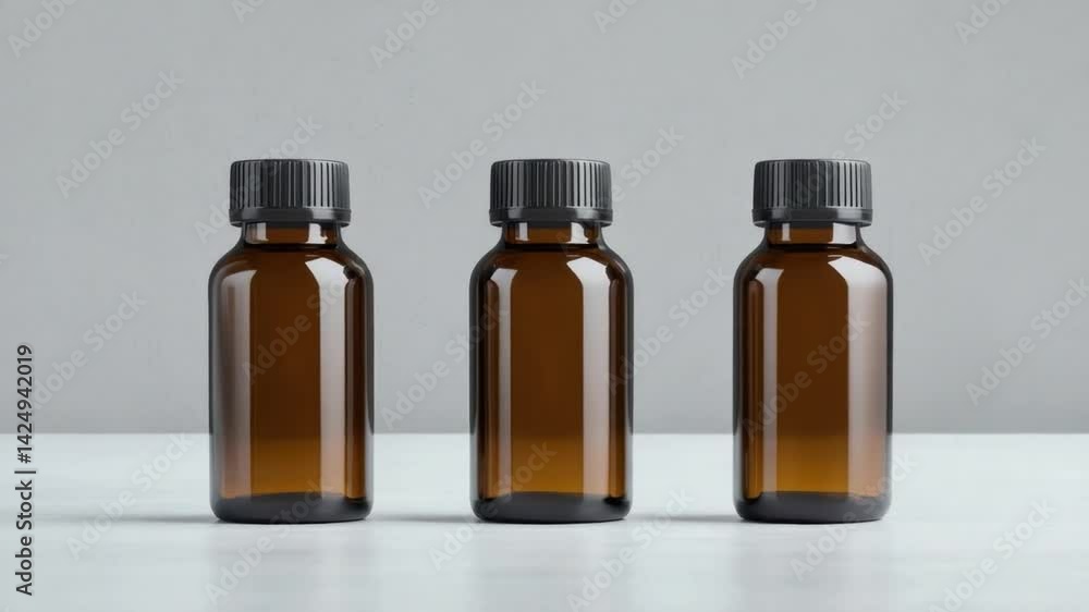 Three Brown Glass Bottles with Black Caps on Gray Background Three Brown Glass Bottles with Black Caps on Gray Background
