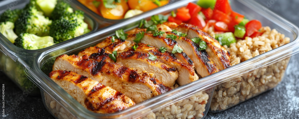 A meal consisting of chicken, rice, and vegetables is served in a clear container. The meal is colorful and appetizing, with the chicken being grilled and the vegetables being chopped A meal consisting of chicken, rice, and vegetables is served in a clear container. The meal is colorful and appetizing, with the chicken being grilled and the vegetables being chopped
