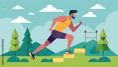 Full Body Blitz Move through a combination of upper and lower body exercises at stations along the fitness trail.. Vector illustration