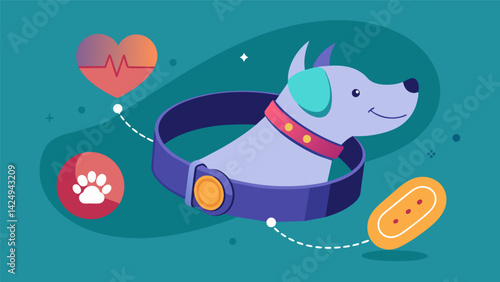 A wearable clip that attaches to a pets collar and tracks variations in their heart rate and breathing patterns providing clues to their emotional. Vector illustration