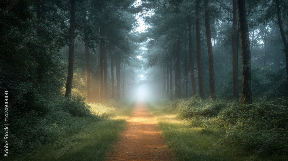 Fototapeta premium Forest pathway shrouded in mist, inviting exploration and tranquility