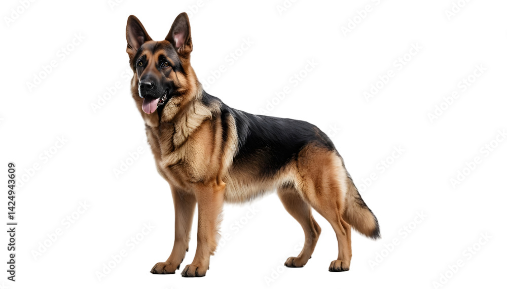 German Shepherd dog isolated on transparent background – realistic full body PNG of alert and loyal pet in standing pose, ideal for design, ads, and educational use German Shepherd dog isolated on transparent background – realistic full body PNG of alert and loyal pet in standing pose, ideal for design, ads, and educational use