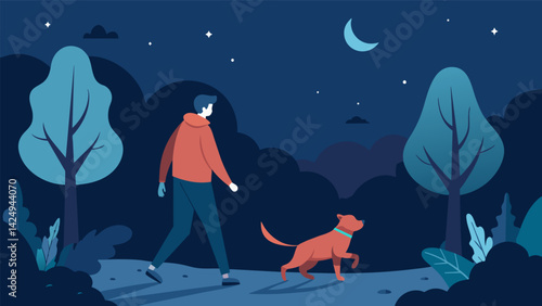 A person walking their dog at night their fear filter making them see every rustle in the bushes as a potential attacker..