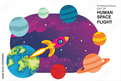 Colorful flat illustration for International Day of Human Space Flight. Featuring a rocket flying through space surrounded by planets and stars. Perfect for science events and space exploration themes