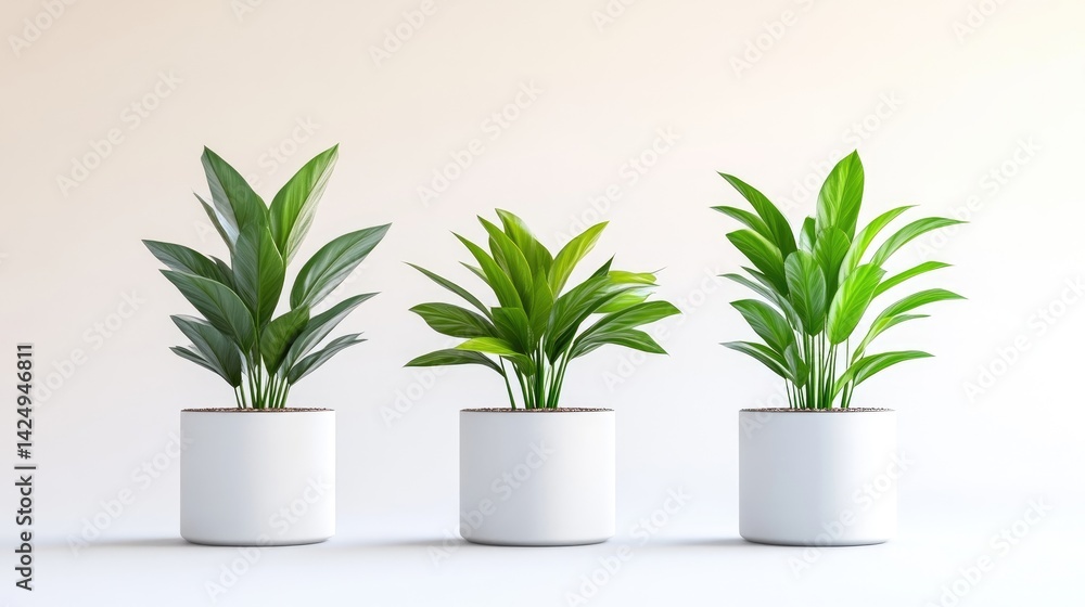 Three potted plants in white planters. Healthy green foliage Three potted plants in white planters. Healthy green foliage