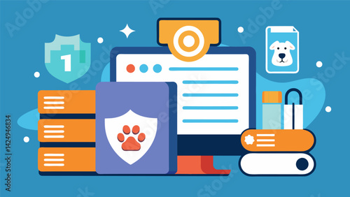 A reliable and secure database that stores pet health records utilizing encryption technology to ensure confidentiality and peace of mind for pet. Vector illustration