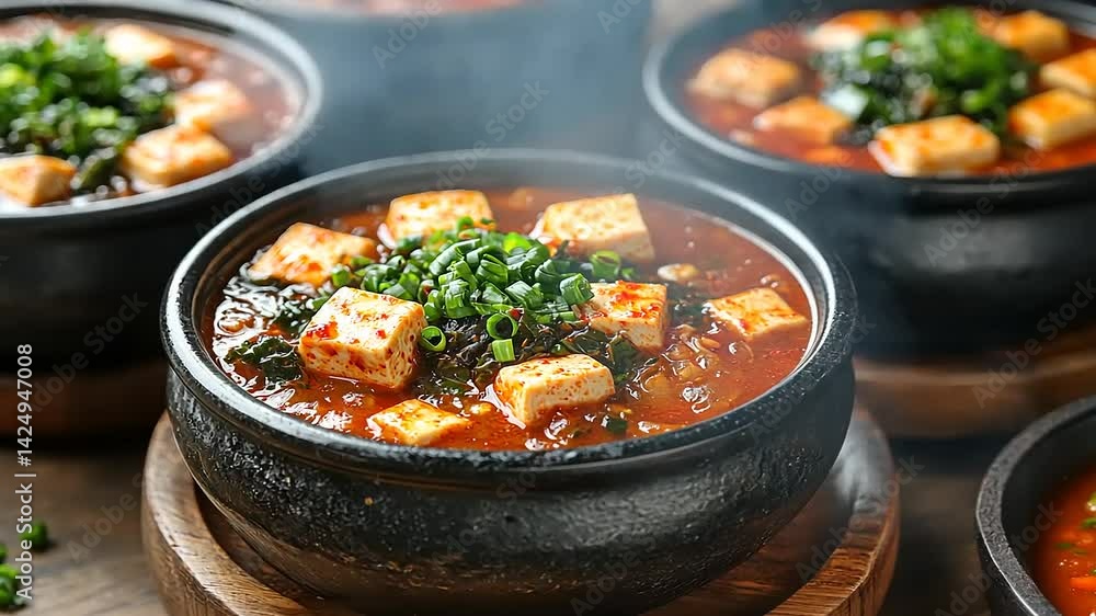 Spicy tofu stew in traditional bowls Spicy tofu stew in traditional bowls