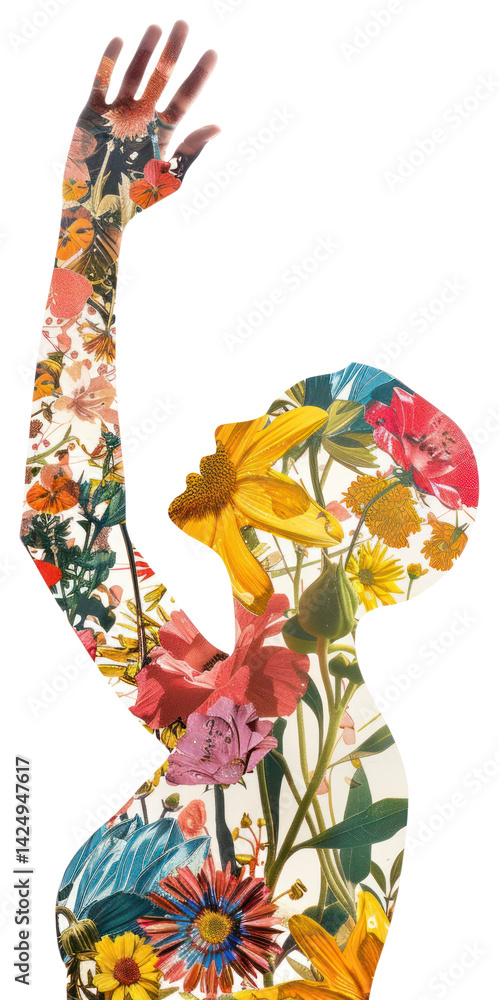PNG Collage woman raising hand pattern flower collage.