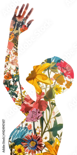 Obraz na płótnie PNG Collage woman raising hand pattern flower collage. w salonie