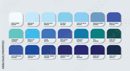 Blue Shade Color Guide Palette with color Names. Catalog Samples Sky Blue, Navy, Cobalt, Azure, Cerulean, Teal, Turquoise with RGB HEX codes and Names. nature and sea blue Shades pantone Color Palette