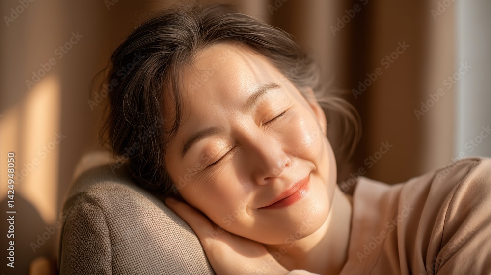 Smiling woman enjoying a moment of relaxation in soft sunlight at home during afternoon.