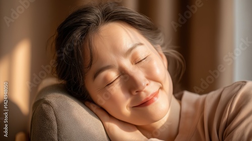 Obraz na płótnie Smiling woman enjoying a moment of relaxation in soft sunlight at home during afternoon. w salonie