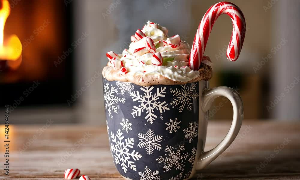 Hot cocoa with whipped cream and peppermint candy in snowflake mug