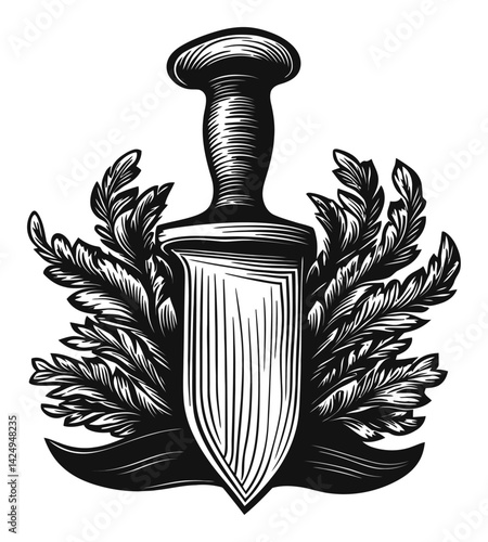 Intricate Engraving of a Knife Surrounded by Detailed Leaves
