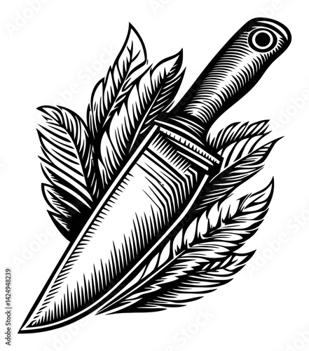 Intricate Engraving of a Knife Surrounded by Leaves
