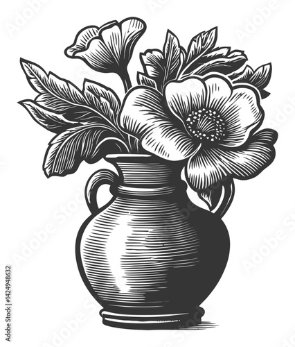 Floral Still Life Engraving with Jug and Delicate Flowers