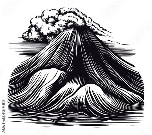 Detailed Black and White Engraving of a Majestic Volcano Eruption