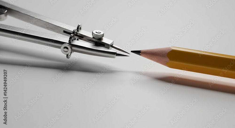 Fototapeta premium Drawing Compass and Pencil Point Closeup on White Surface