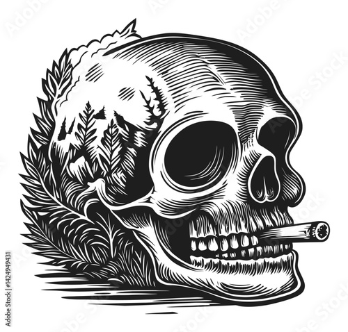 Intricate Skull Engraving with Natural Elements and Cigarette