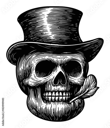 Vintage Skull Illustration with Top Hat and Feather Detail