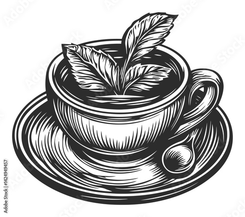 Vintage Engraving of a Tea Cup with Fresh Mint Leaves