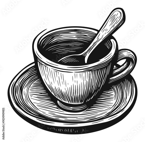Detailed Engraving of Coffee Cup with Spoon on a Saucer