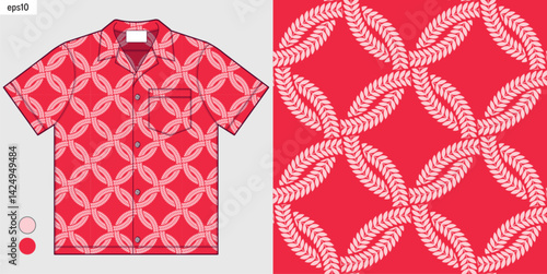 Abstract seamless leaf circle shape pattern for Hawaiian shirt. Tropical summer fashion trend. Vector design for beachwear, fashion mockup presentation, fabric print clothing. Not created by AI.
