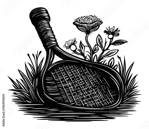Engraved Illustration of a Tennis Racket Surrounded by Flowers