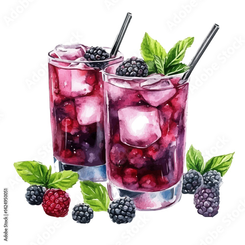 Ice‑cold berry drinks with mint garnish, watercolor illustration, isolated on a white background.

