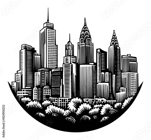 Detailed Black and White Engraving of a City Skyline with Buildings