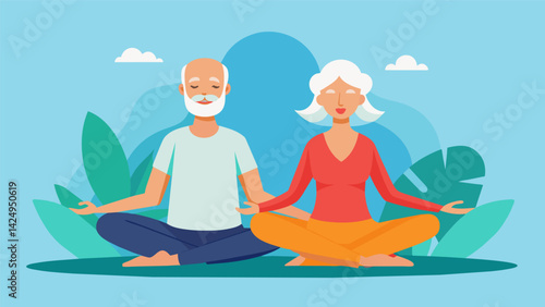 During a peaceful yoga session an elderly couple sits backtoback breathing and meditating together as they find inner balance and strength.. Vector illustration