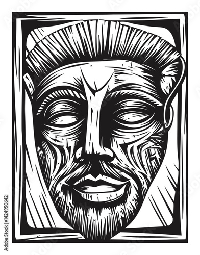 Artistic Engraving of Stylized Face in Black and White Design