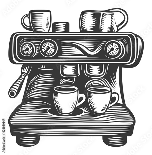 Vintage Espresso Machine Engraving in Black and White Style